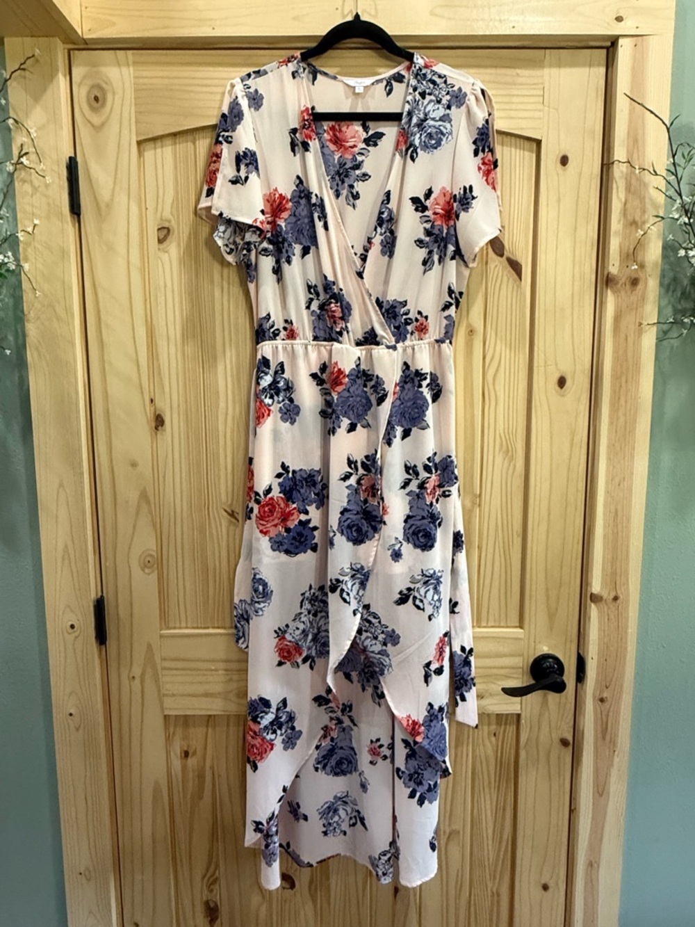 Candie's pink floral print high-low wrap dress featuring built-in shorts